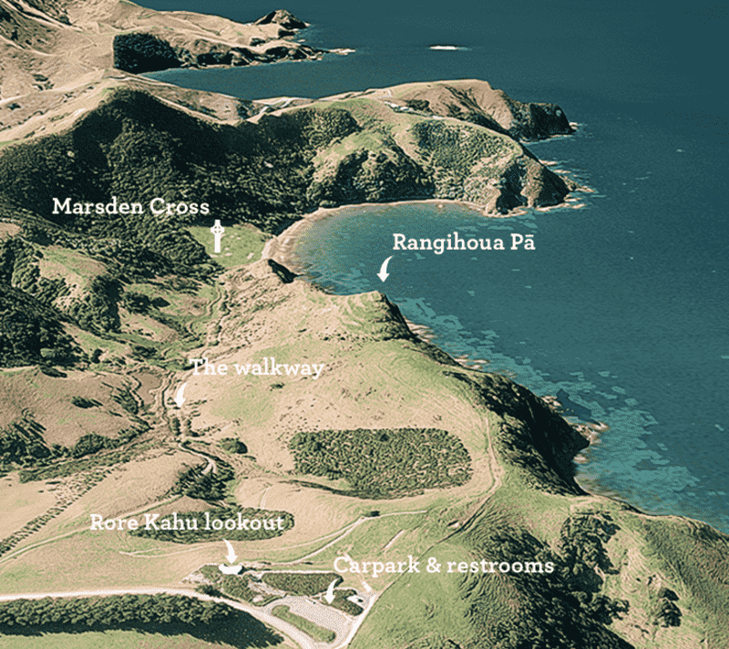 An oblique map showing locations of Rore Kahu, the carpark, restrooms, walkway, Rangihoua Pa and Marsden Cross